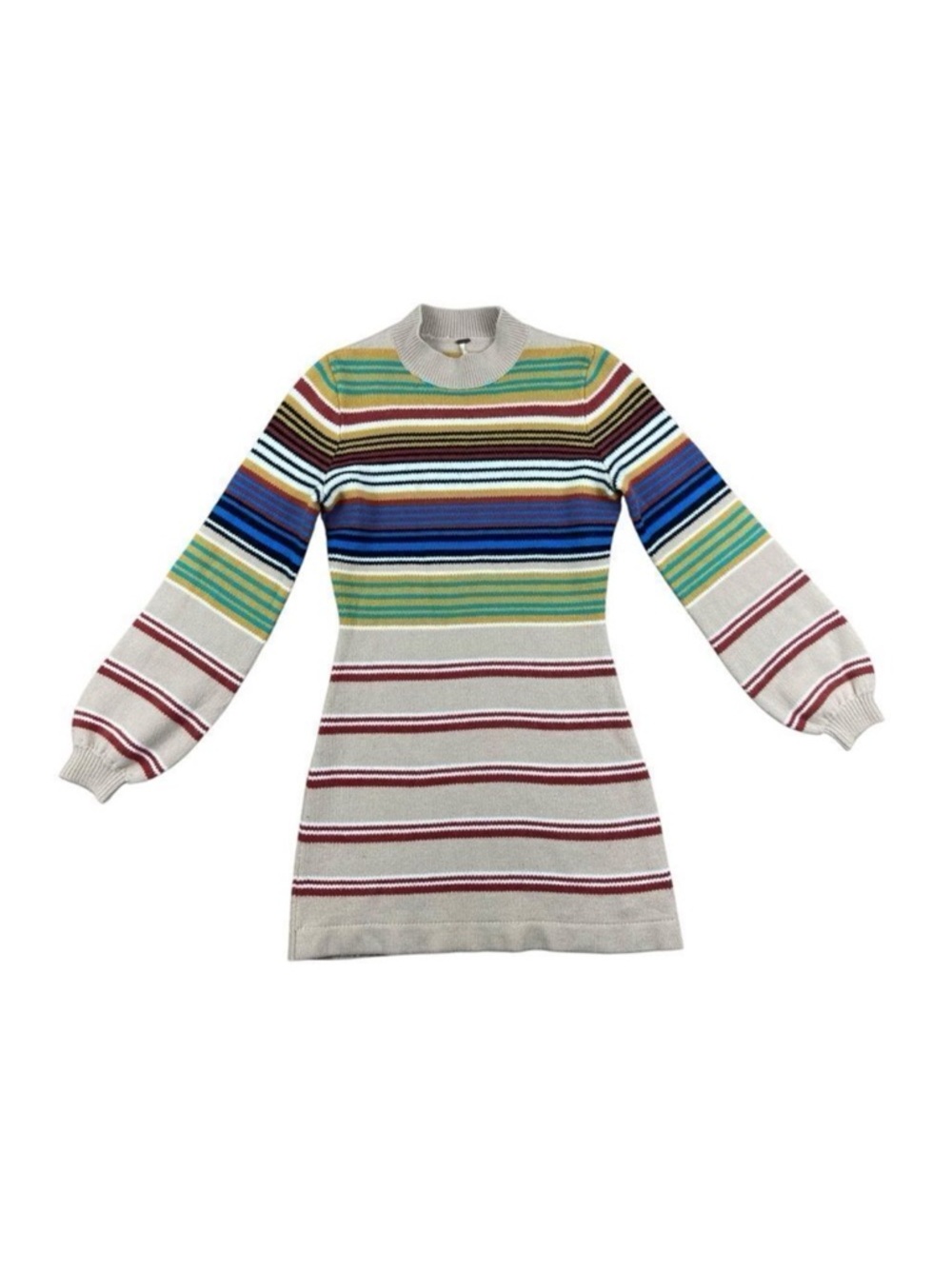 Free people ivory wool blend striped knit sweater dress with balloon sleeves